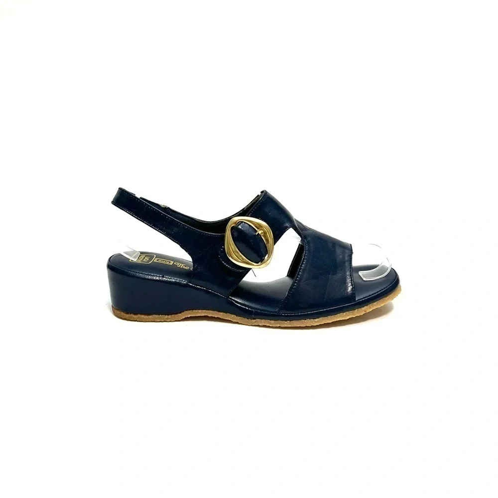 Vintage 1960s deadstock vegan navy blue patent leather slingback wedge sandals